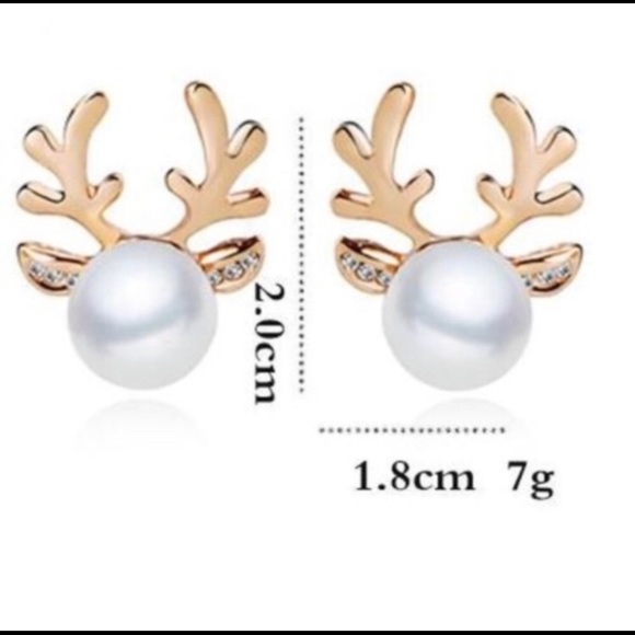 🎄🎁 Pearl Antler Reindeer Earrings, Gold - Picture 2 of 4